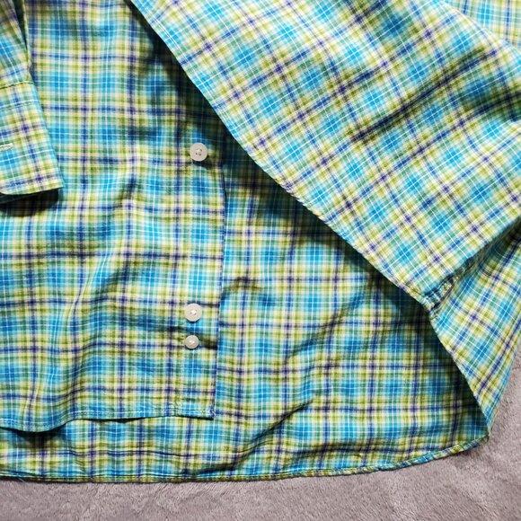 Alan Flusser Button Down Long Sleeve Plaid Shirt Green Blue Purple Mn Sz L - Picture 8 of 10